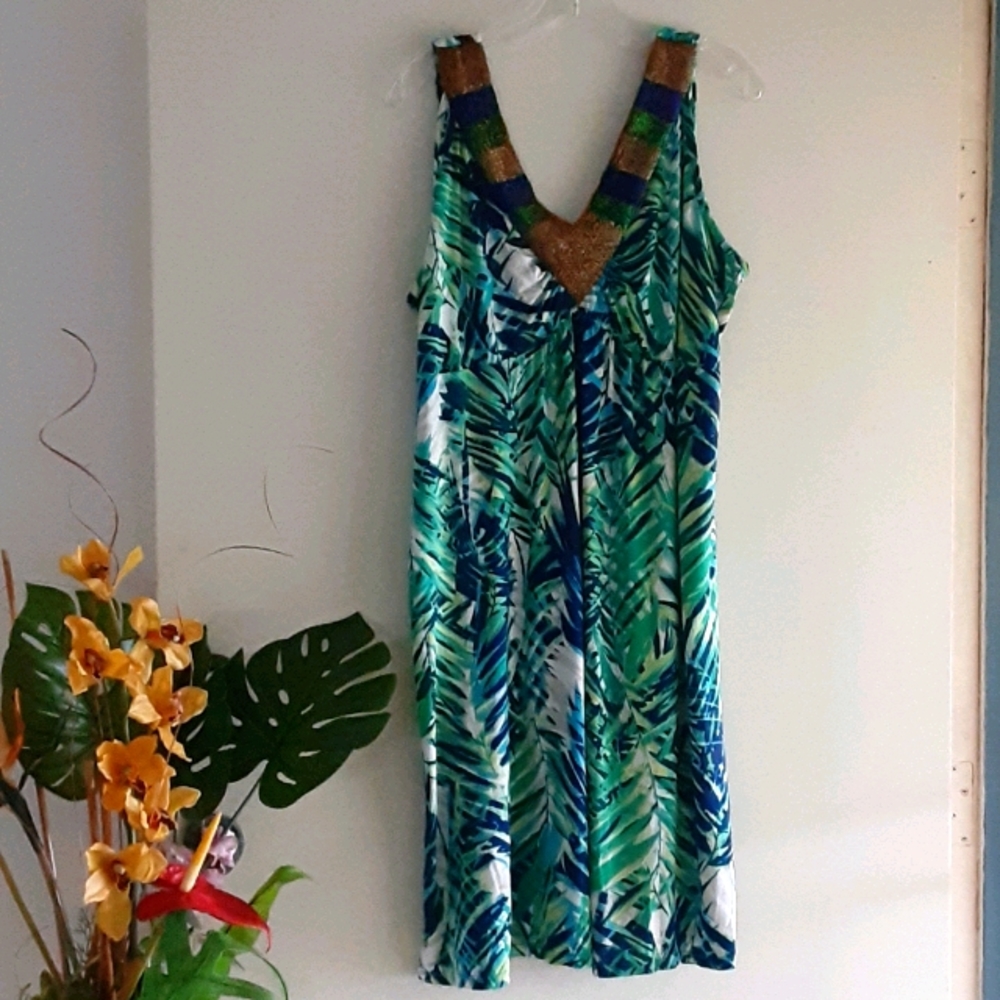 🏝🌺 Style & Co 1X Sleeveless VNeck Green Aqua Blue Tropical Dress